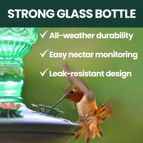 Image of a hummingbird feeding from a Glass Bottle Hummingbird Feeder With Antique Green Finish, emphasizing durability and design features.