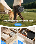 Person walking a dog carrying Portable Pedestal Fan With 16000mAh Battery, Up To 74 Hours Runtime, Foldable Oscillating Desk Fan.