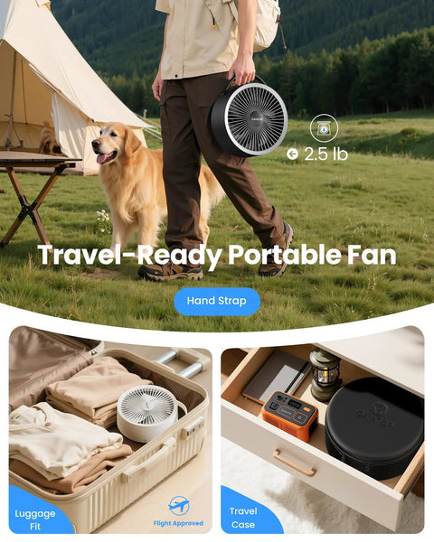 Person walking a dog carrying Portable Pedestal Fan With 16000mAh Battery, Up To 74 Hours Runtime, Foldable Oscillating Desk Fan.