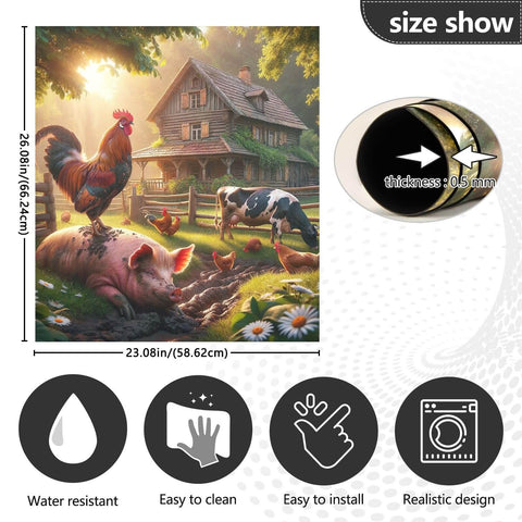 Rustic Farmhouse rooster, pig, and cow scene on magnetic door cover for appliances; size 26x23 inches, peel-and-stick installation shown.