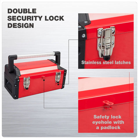 Heavy Duty 16 Inch Steel Tool Box With Aluminum Alloy Handle Double Lock Removable Tray Portable Metal Toolbox with double security lock design.