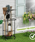 3-Tier Garden Tool Organizer On Wheels Heavy Duty Metal Rolling Storage Cart holding tools by patio wall