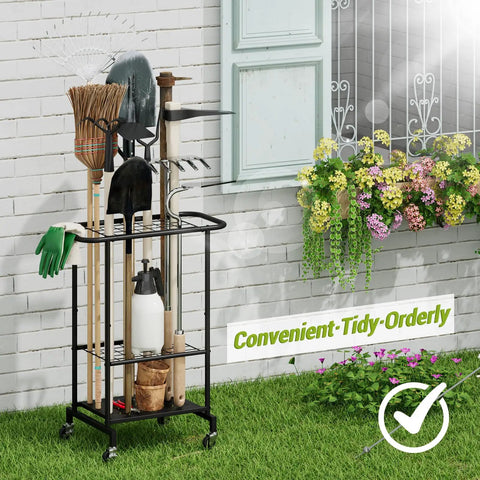 3-Tier Garden Tool Organizer On Wheels Heavy Duty Metal Rolling Storage Cart holding tools by patio wall