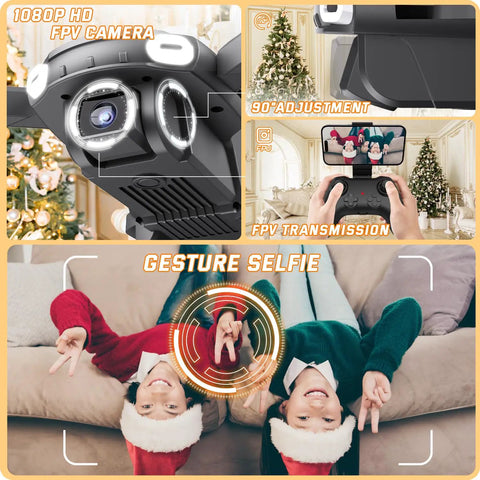 Foldable Camera Drone For Kids Beginners With Remote Control 1080P HD FPV Drone Two Batteries One Key Start And Landing Altitude Hold Gesture Selfie Easy Safe Flight For Boys And Girls Black showcasing FPV camera, 90° adjustment, and gesture selfie feature.