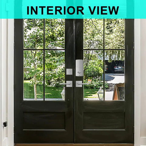 Interior view of double doors with keypad deadbolt electronic keyless door lock set with exterior handle auto lock