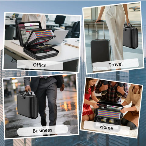 Lockable Fireproof Document Box With Water Resistant Hard Case And 25 Pocket Accordion File Organizer used in office, home, and travel settings.