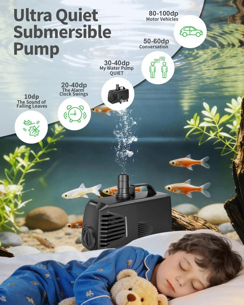 Submersible Pond Pump 200 GPH 700 LPH 12W Ultra Quiet With Overheating Protection in aquarium with fish and sleeping child