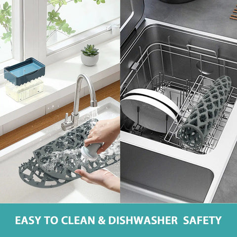 Hands washing All Purpose Silicone Sink Mat Protector 19x13 on kitchen counter; same mat in dishwasher, highlighting versatility.