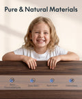 Straight Up Premium Motorized Height Adjustable Standing Desk With Heavy Duty Matte Black Frame And Legit Solid North American Black Walnut Desktop For Serious Daily Workspace Flex, featuring child with safe material indicators.