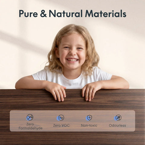 Straight Up Premium Motorized Height Adjustable Standing Desk With Heavy Duty Matte Black Frame And Legit Solid North American Black Walnut Desktop For Serious Daily Workspace Flex, featuring child with safe material indicators.