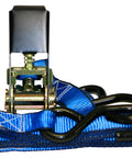Close up of Heavy Duty 1 Inch Ratchet Tie Down Strap 6 Ft Long, 900 Lbs Break Strength, showing S-hooks and blue webbing.