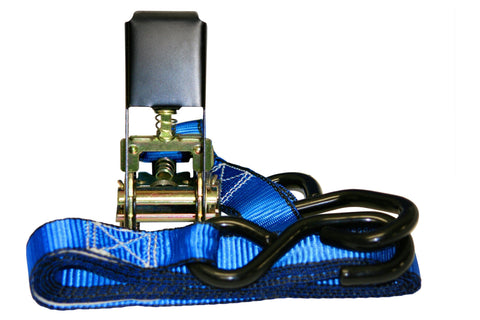 Close up of Heavy Duty 1 Inch Ratchet Tie Down Strap 6 Ft Long, 900 Lbs Break Strength, showing S-hooks and blue webbing.