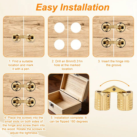 Easy installation guide for Top Shelf Eight Millimeter Hidden Brass Barrel Hinge Set with illustrations and steps.