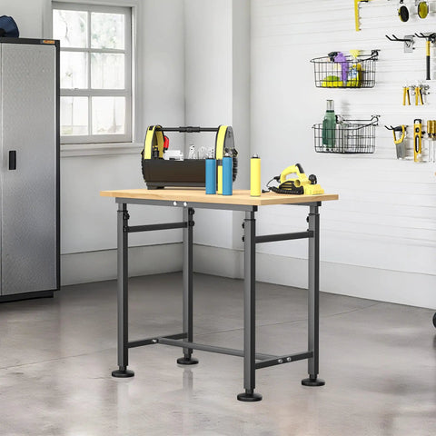 Heavy Duty Workbench For Garage And Workshop 32 By 18 Inch Adjustable Height Table With Premium Rubberwood And Steel Frame Built Like A Tank Stable H Shaped Base With Non Slip Feet Ideal For Home Office Or Shop in a workshop setting