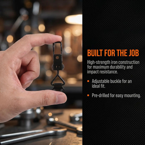 Hand holding a heavy-duty adjustable toggle clamp showcasing high-strength iron construction for secure locking.