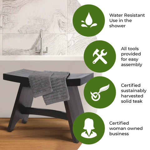 24-Inch Teak Shower Bench With Anti-Slip Flared Legs And Adjustable Foot Pads, displayed in bathroom with towel