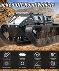One Sixteen Scale RC Tank Car With 2.4GHz Remote, Off Road Tracked Vehicle, rugged all-terrain design in action on rocky terrain