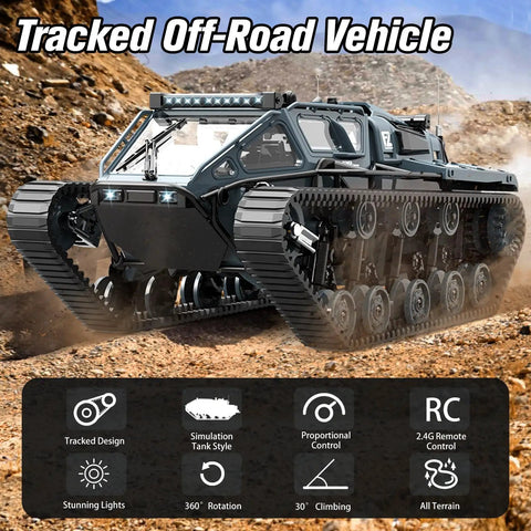One Sixteen Scale RC Tank Car With 2.4GHz Remote, Off Road Tracked Vehicle, rugged all-terrain design in action on rocky terrain