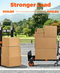 3 In 1 Folding Dolly Cart With Wheels Heavy Duty Hand Truck For 600 Lb Loads, Collapsible With Retractable Handle And Two Straps, Converts To Two Wheel Or Four Wheel Trolley For Warehouse, Home Or Office Use showing 300 lb and 600 lb load modes