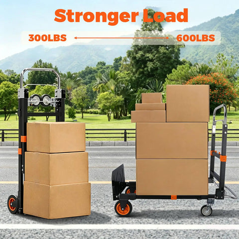 3 In 1 Folding Dolly Cart With Wheels Heavy Duty Hand Truck For 600 Lb Loads, Collapsible With Retractable Handle And Two Straps, Converts To Two Wheel Or Four Wheel Trolley For Warehouse, Home Or Office Use showing 300 lb and 600 lb load modes
