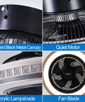 Collage of Quiet Bladeless Ceiling Fan With Lights And Remote 20 Inch Black Low Profile Flush Mount Three Speeds Three Light Kit Perfect For Bedroom And Kitchen With Ultra Silent Copper Motor showing details of metal canopy, quiet motor, acrylic lampshade, and fan blade.