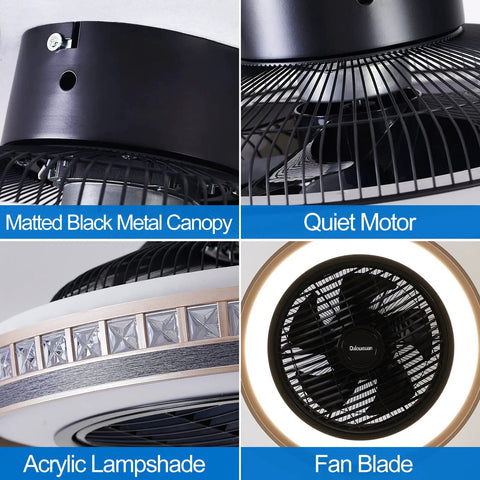 Collage of Quiet Bladeless Ceiling Fan With Lights And Remote 20 Inch Black Low Profile Flush Mount Three Speeds Three Light Kit Perfect For Bedroom And Kitchen With Ultra Silent Copper Motor showing details of metal canopy, quiet motor, acrylic lampshade, and fan blade.