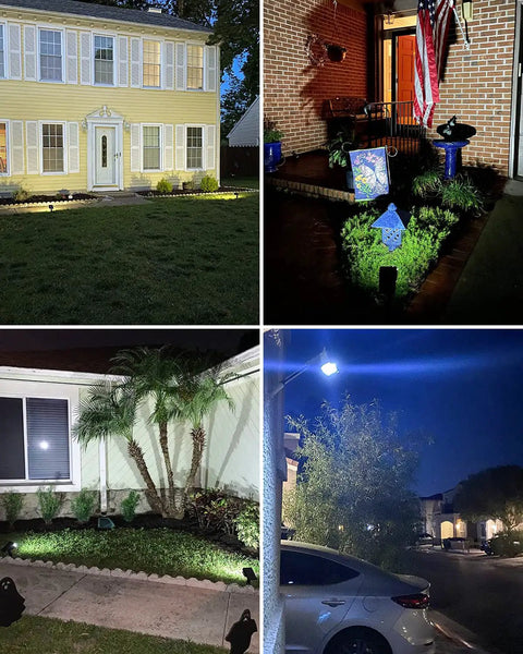 Six Pack Solar Landscape Spotlights With 48 LEDs And Three Brightness Modes For Custom Ambience Outdoor 2 In 1 Solar Spot Lights Auto On Off IP67 Waterproof Wall Lights For Front Porch Backyard Garage Deck Patio illuminating yards at night