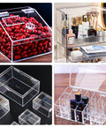 Image of clear acrylic storage boxes used for various purposes including storing cosmetics, dried goods, and organization, featuring hinges.