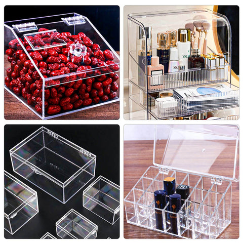 Image of clear acrylic storage boxes used for various purposes including storing cosmetics, dried goods, and organization, featuring hinges.