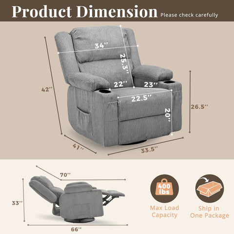 Product dimensions of Ultimate 360 Degree Swivel Rocker Recliner With Heat And Massage For Nursery And Living Room Kid Friendly USB Port Cup Holders Storage Pockets Manual Recline Three In One From 90 To 160 Degrees 400 Lb Capacity Grey