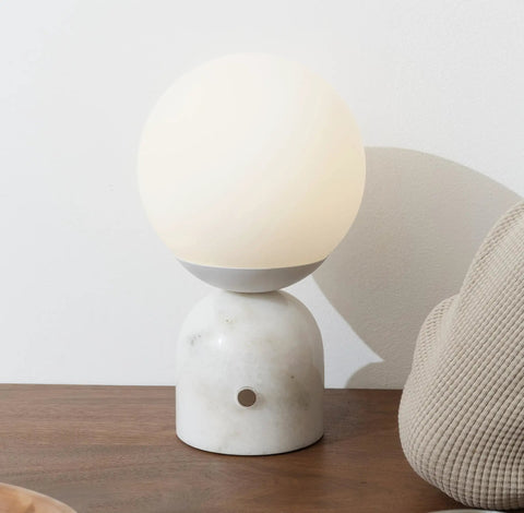 10 Inch Table Lamp With Marble Base And Frosted Glass Shade, Cozy Bedside Reading Light for Bedroom And Living Room on wooden table