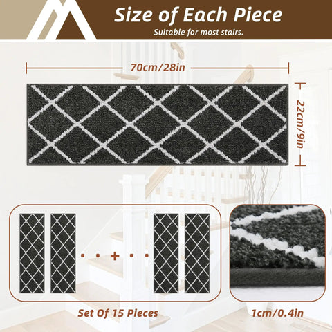 No Slip Peel And Stick Stair Treads For Wooden Steps 9x28 Inches Indoor Runners Dark Grey 15 Pack product dimensions and texture