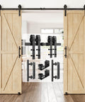 Heavy Duty Sliding Barn Door Hardware Kit For Double Doors 350 Lb Capacity Includes 2 Round Door Handles And 2 Floor Guides Fits 1 3 8 To 1 3 4 Inch Door Panels Black Finish Quiet And Stable