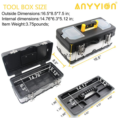Heavy Duty 16.5 Inch Tool Box With Lockable Design, Stainless Steel And Plastic Construction, detailed dimensions view