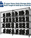 Beefy 5 Tier Metal Storage Shelves 71 Inch Wide Heavy Duty Garage Shelving Rack With 1325 Lbs Capacity, Industrial Grade Carbon Steel For Tools, Equipment, And Large Appliances, Easy Assembly, loaded with dumbbells