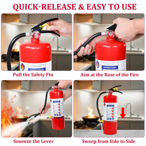 Step-by-step instructions for using the Badass 10 LB ABC Fire Extinguisher Dry Chemical Multi Purpose with quick release handle.