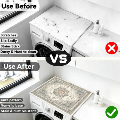 Before and after using Two Pack Washer And Dryer Top Mats 25.6 By 25.6 Inches Non Slip Quick Dry Protectors, beige vintage Persian pattern.