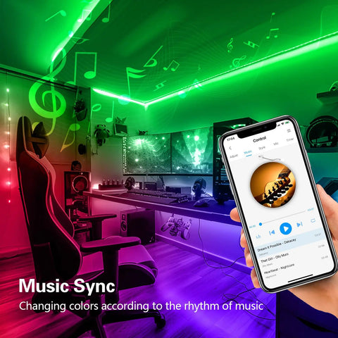 LED room with music sync feature using 50 Feet LED Strip Lights With App Control And Remote, color changing with phone app