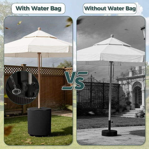 Outdoor Umbrella Stand With Hole And Water Bladder Base, Fluted Vertical Ribbed Design, comparison with and without water bag