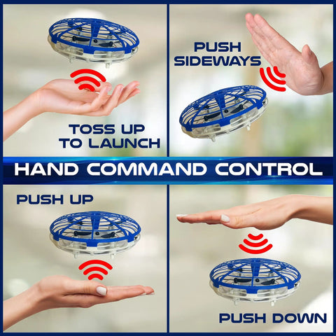 Self-Flying Aero Drone 360 For Kids With Hand Command Control demonstrated with hand gestures and motion directions.