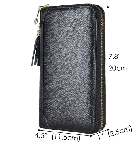 Black Womens RFID Blocking Leather Card Holder Wallet With Zipper Purse Case Mega Capacity Carry 60 Card Slots And 2 ID Windows Genuine Cowhide Leather Slim Travel Wallet For Cards Cash And Essentials with dimensions