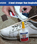 Heavy Duty Shoe Glue Crystal Clear Fast Dry Bond For Sneakers Boots Heels Crocs And More Strong Flexible Repairs That Wont Stiffen Soles Water Resistant Extreme Condition Ready Long Lasting Fix, used on a white sneaker.