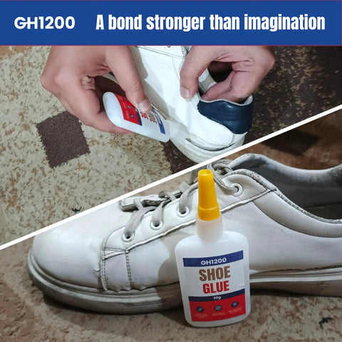 Heavy Duty Shoe Glue Crystal Clear Fast Dry Bond For Sneakers Boots Heels Crocs And More Strong Flexible Repairs That Wont Stiffen Soles Water Resistant Extreme Condition Ready Long Lasting Fix, used on a white sneaker.