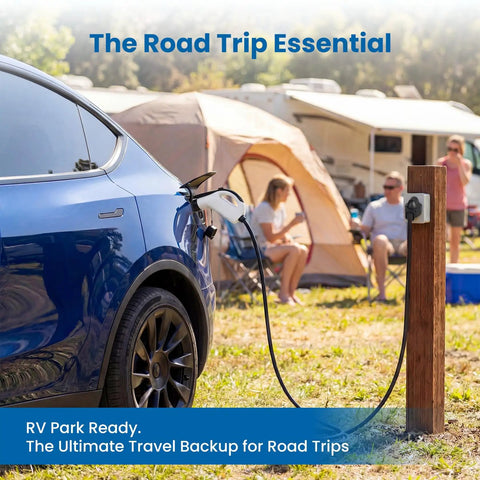 Level 1 Ev Charger For J1772 Vehicles 120V 12A Nema 5-15 Plug Portable Electric Car Charger connected at RV park.