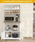 White Baker Rack With Built In Power Outlet And Storage Farmhouse Microwave Stand With Door Five Tier Tall Coffee Bar Station Cabinet
