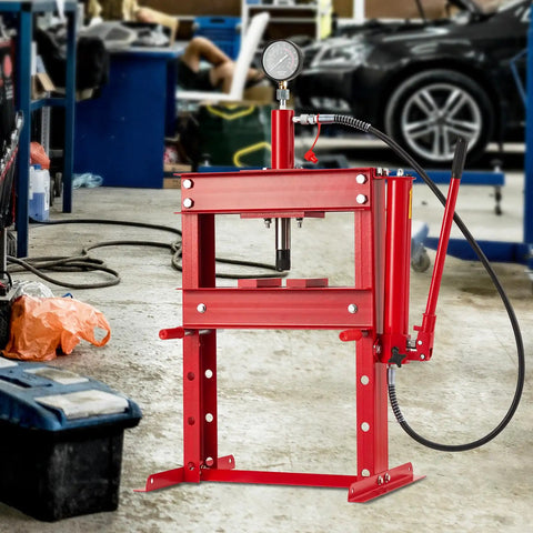 Badass 20 Ton Hydraulic Shop Press With Adjustable Height And Movable Plates Heavy Duty H Frame setup in red, positioned in garage.