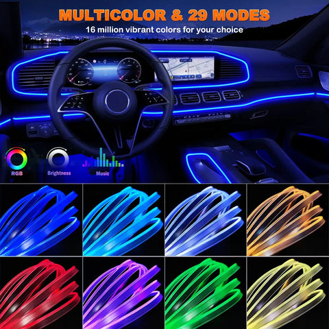 Lit Interior Car LED Strip Lights With Wireless App And Remote Control, RGB 5 In 1 ambient lighting showcased in various colors inside vehicle