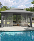 Heavy Duty Outdoor Gazebo for Patio 10x12 with Double Roofs and Metal Frame Mosquito Netting and Privacy Screen near pool