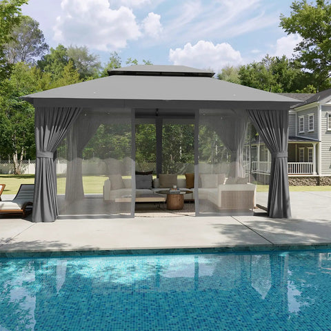 Heavy Duty Outdoor Gazebo for Patio 10x12 with Double Roofs and Metal Frame Mosquito Netting and Privacy Screen near pool