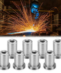 Eight Piece 3/8 Inch 16 Long Thread Stepped Weld On Nuts For Heavy Duty Chassis Tab Mounting Dead Simple Drop In Fit Garage Grade Precision Machined High Strength Steel Retail Pack displayed with welding. 